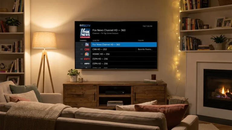 DIRECTV on-screen channel guide showing Fox News Channel HD on channel 360 on a living room TV