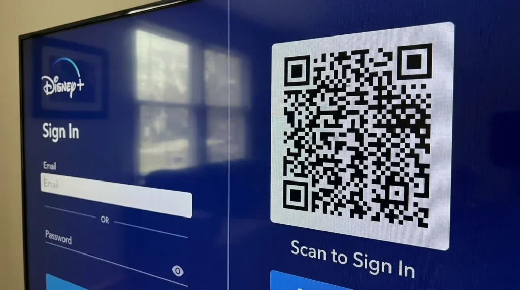 Disney+ sign-in screen with QR code on Vizio SmartCast TV