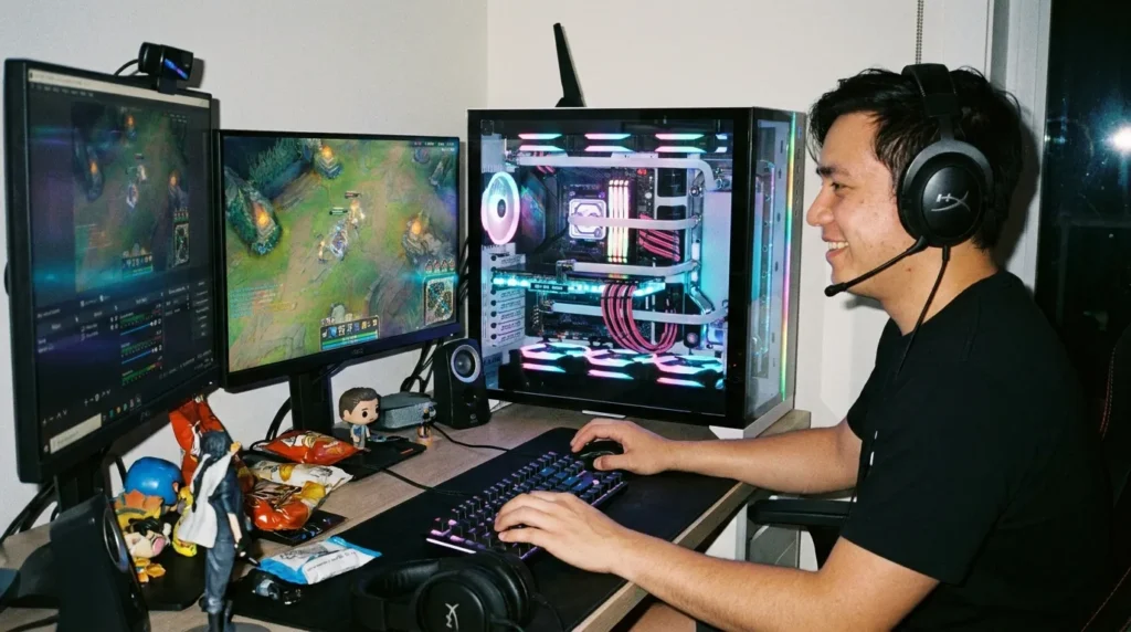 gamer using a custom-built desktop PC