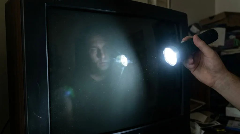 Flashlight test on black TV screen to diagnose backlight failure