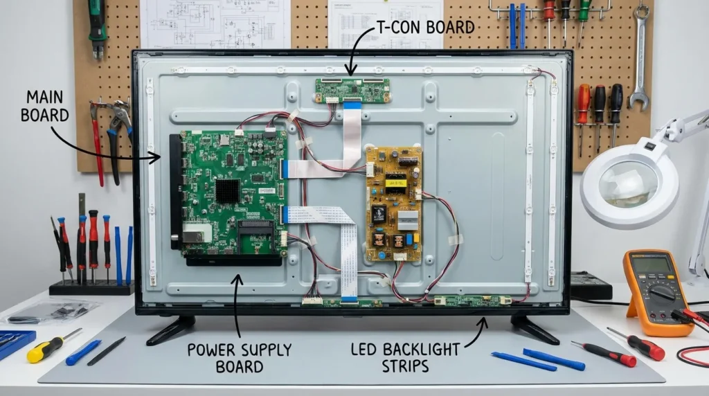 Internal boards of a Hisense TV including T-Con board, main board, power supply board, and LED backlight strips