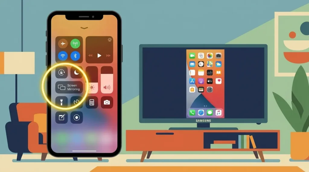 iPhone Control Center with Screen Mirroring icon highlighted for Samsung TV AirPlay connection