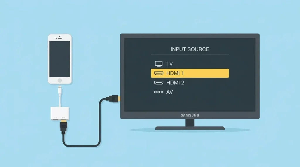 Diagram showing iPhone connected to Samsung TV via Lightning to HDMI adapter and HDMI cable